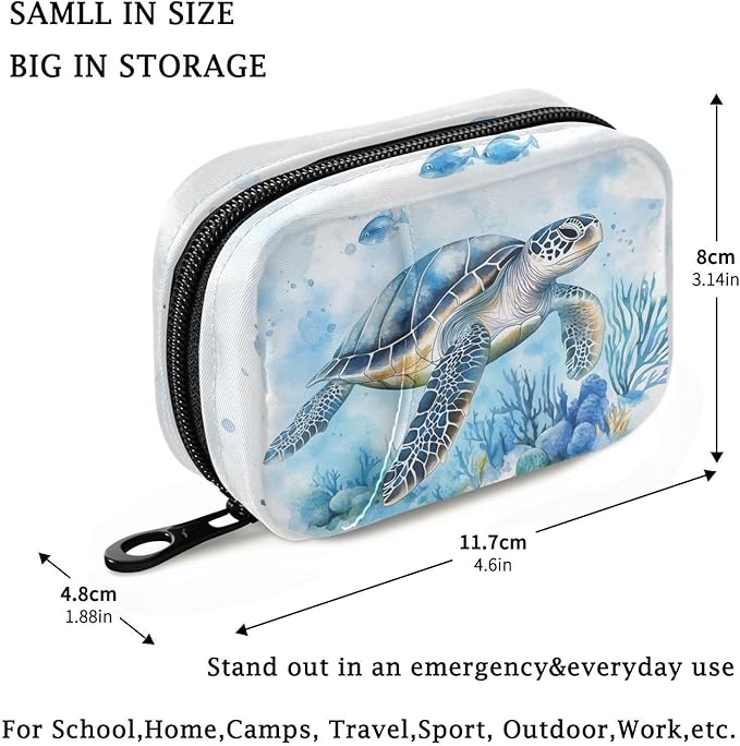 Fustylead Watercolor Sea Turtle and Coral Pill Organizers 2 Times A Day Pill Case Bag with Zipper Portable Weekly Pill Dispensers for Vitamin Supplement