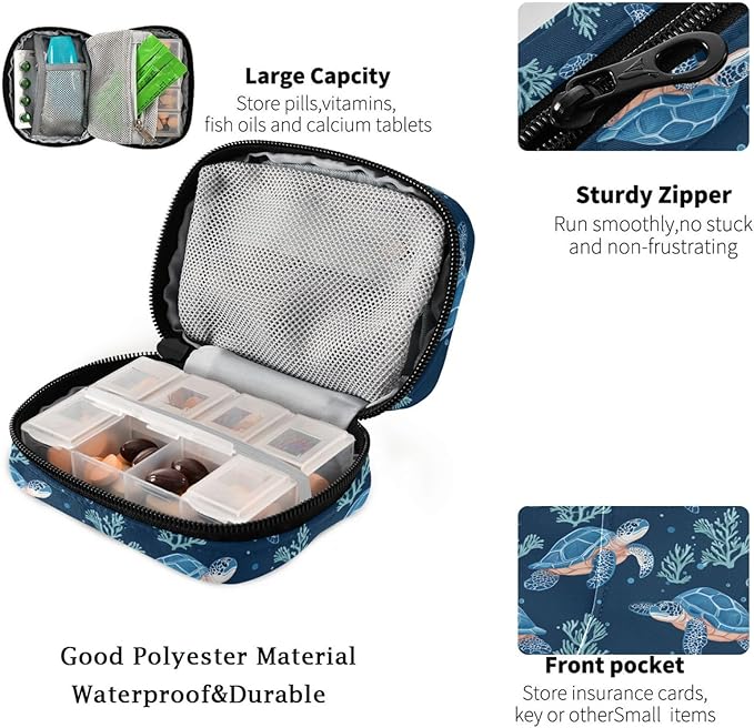 Fustylead Cute Blue Sea Turtle and Coral Decor Travel Pill Organizer Case Zipper for Purse with Removable Weekly Pill Box for Medicine, Vitamin, Supplement Medicine Organizer