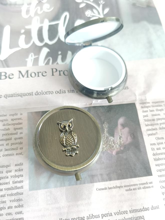 Vintage Metal Pill Box with Owl Design, Round Travel Pill Organizer, Small Bronze Portable Pill Box for Pocket or Purse,Decorative Metal Medicine Vitamin Pill Case Classical