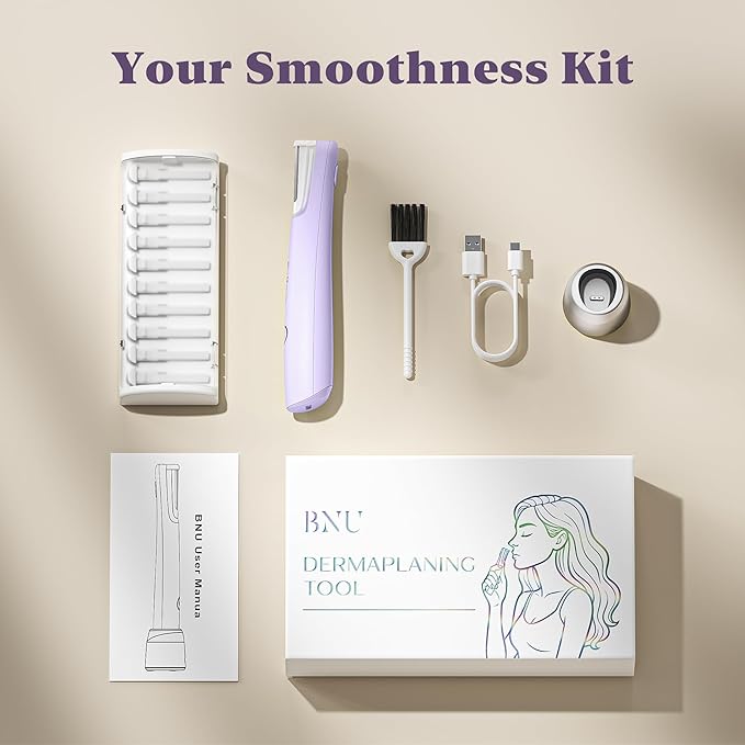 BNU Dermaplaning Tool for Face, Dermaplane Razor for Women Face LED Light Facial Exfoliation & Peach Fuzz Hair Removal, 3 Speeds Rechargeable Sonic Edge Technology 10 Refill Blades Purple