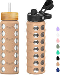 MUKOKO Glass Water Bottles, 24oz Glass Tumbler with Straw, Drinking Bottles with 2 Lids-Handle Spout Lid&Bamboo Straw Lid, Motivational Water Bottle with Time Marker and Silicone Sleeve, 1 Pack-Amber