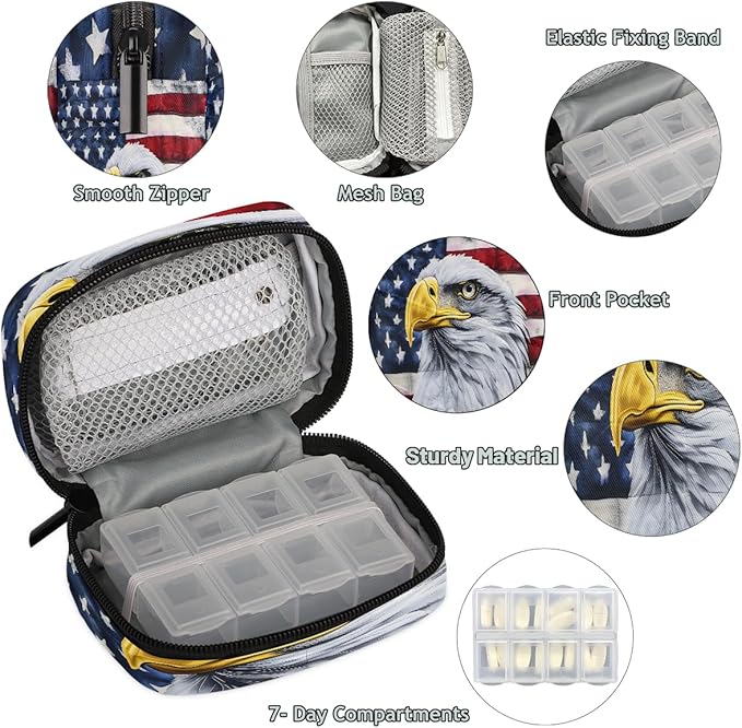 American Flag Animal Eagle Travel Pill Organizer Box Weekly Portable Pill Case Daily Pills 7 Day Small Birth Control Pills Container Removable Compartments for Medicine Vitamins Fish Oil
