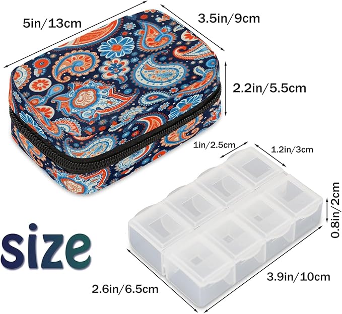 Flower Paisley Pill Box Small Travel Organizer 7 Day Weekly Ethnic Floral Medicine Case Cute Compact Size Vitamin Container Portable Holder Bag with Zipper