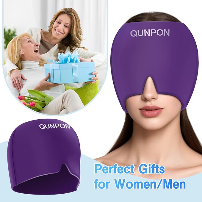Valentines Day Migraine Relief Cap Gifts for Her Him,Headache Relief Cap Ice Pack Mask,Cold Eye Face Hat Cooling Gel Head Wrap for Tension,Stress,Hangover Gifts for Women Men Mom-Purple