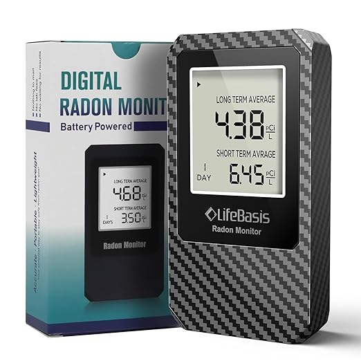 LifeBasis Radon Detector, Radon Test for Home with Long and Short Term Radon Meter, Home Radon Gas Monitor US Version-pCi/L (Update Version, Carbon Fiber Color)