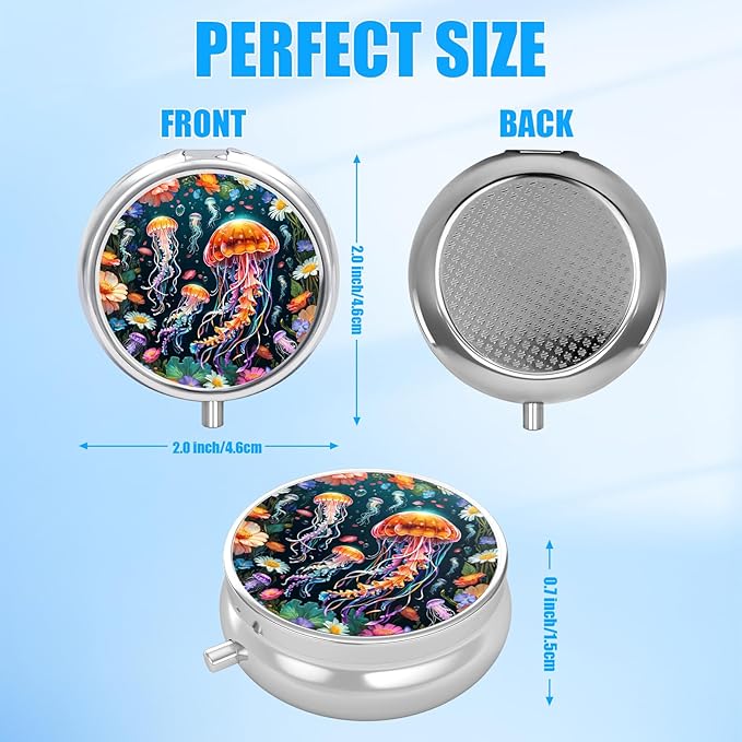 Colorful Jellyfish Pill Case, Pill Box 3 Compartments Metal Small Pill Holder with Mirror Mini Travel Pill Container for Purse Pocket Women Men
