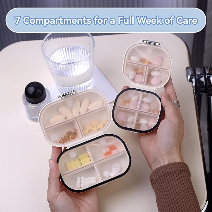 Weekly Pill Organizer – Waterproof Travel Pill Case with 7 Compartments, Compact Moisture-Proof Supplement Storage Box, Lightweight Portable Container for Daily Use & Travel