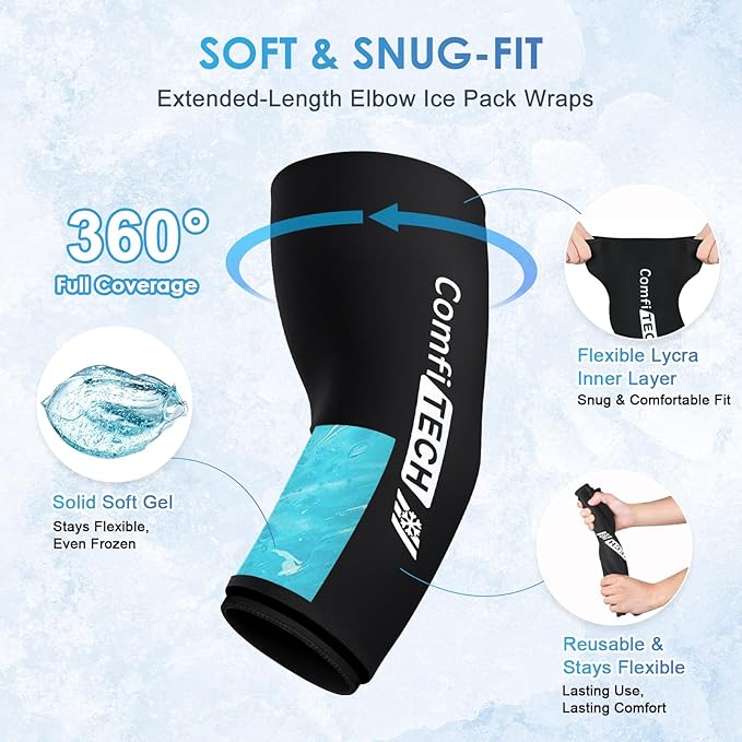 Comfitech 2 Pack Tennis Elbow Ice Pack Wraps, Golfers Arm Brace Flexible Reusable Gel Cold Compression Sleeve for Forearm & Calf Discomfort, Muscle Relaxation, Pitchers, Arthritis, Large