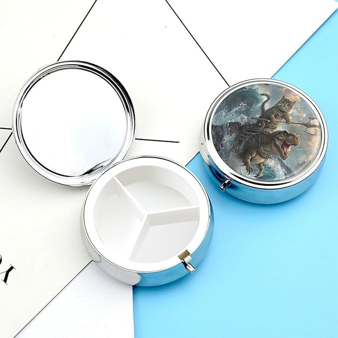 Pill Box-3 Compartment Small Pill Case, Portable Round Pill Box for Pocket or Purse, Decorative Metal Medicine Vitamin Organizer. (The Fighting Cat)
