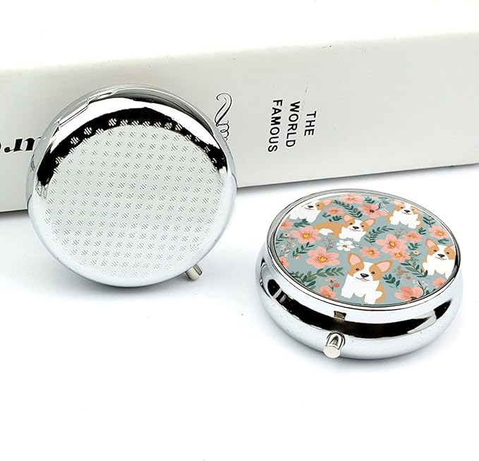 Corgi Floral Flowers Spring Garden Pill Box Travel Pill Case for Purse Pocket Weekly Medicine Organizer with Mirror 3 Compartment Round Medicine Case Portable PillcaseHolder for Daily