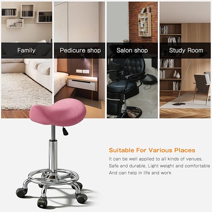 Saddle Stool with Ring Pedal, Adjustable Hydraulic Rolling Chair with Wheels for Medical, Massage, Salon, Spa, Kitchen, and Drafting Use