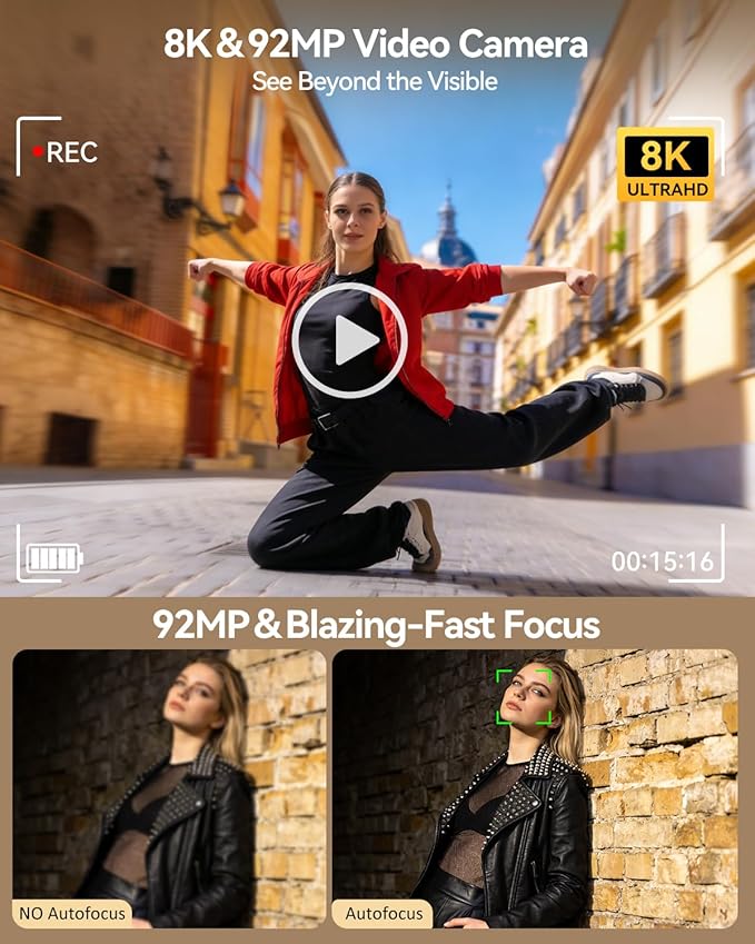 8K Digital Camera for Photography, 92MP WiFi Vlogging Camera for Front and Rear Screen, 18X Digital Zoom, Point and Shoot Camera for YouTube with 64GB SD Card (8K Black)