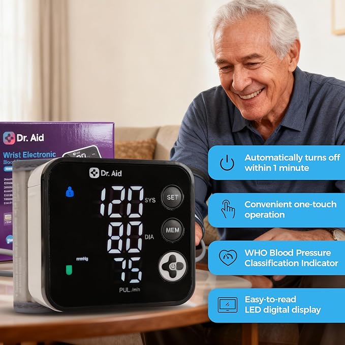 Dr. Aid Wrist Blood Pressure Monitor - Digital BP Machine with Adjustable Blood Pressure Cuff (13.5–19.5 cm), Large LED Display, Dual-User Memory (90 Each), WHO Indicator, Movement & Cuff-Fit Alerts