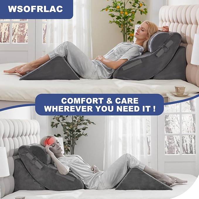 4PC Orthopedic Bed Wedge & BBL Surgery Pillow Set - Memory Foam Support for Buttocks/Back/Legs, Post Surgery Sleeping System with Adjustable Angles, Contains 2 Washable Pillowcases, Gray&White Grey