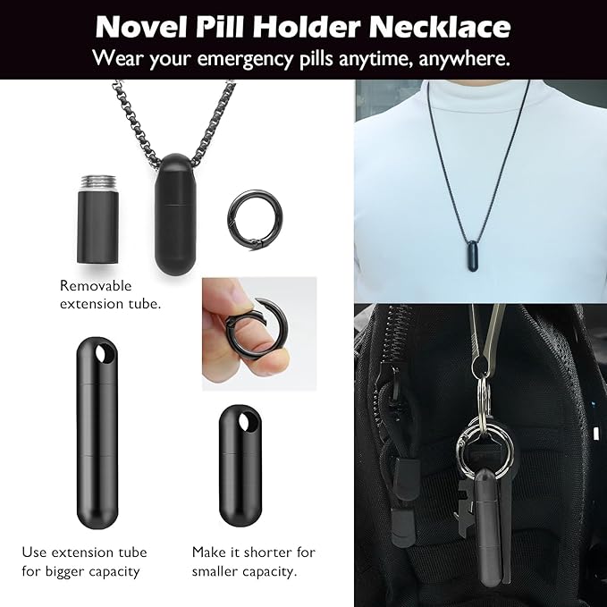 Small Pill Box Necklace Black Titanium Mini Pill Case with Necklace Chain Tiny Pill Case for Men Waterproof Pill Holder Emergency Aspirin & Nitro Pill Container Stocking Stuffers Christmas Gifts