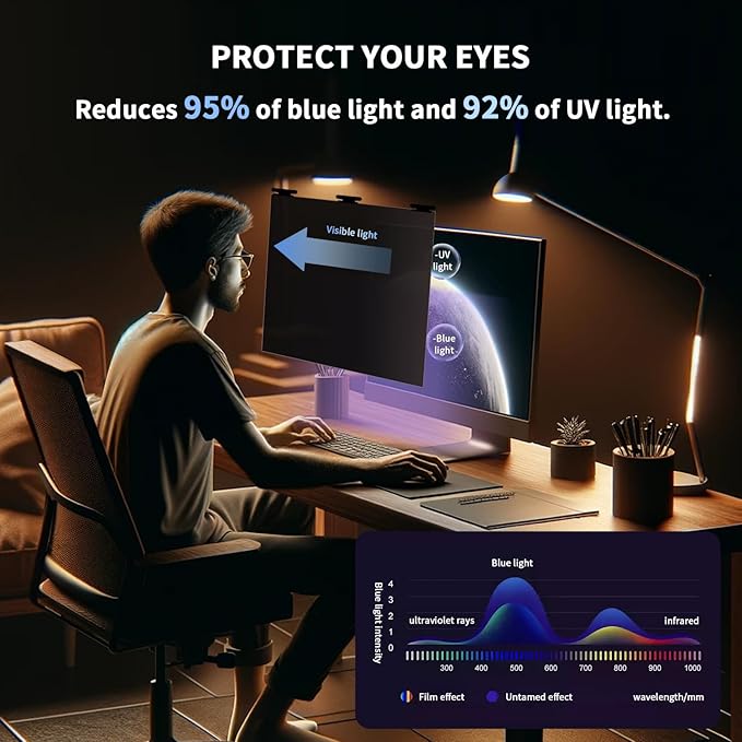 [2 Pack] 24 Inch Hanging Magnetic Computer Privacy Screen for 16:9 Widescreen Monitor, Eye Protection Anti Glare Blue Light Filter, Removable Reusable 24in Anti Spy Security Protector Film
