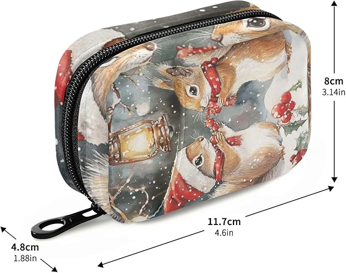 Christmas Squirrels Watercolor White Travel Pill Organizer Case Box Container Weekly Portable Vitamin Medicine Holder Storage Bag with Zipper Removable