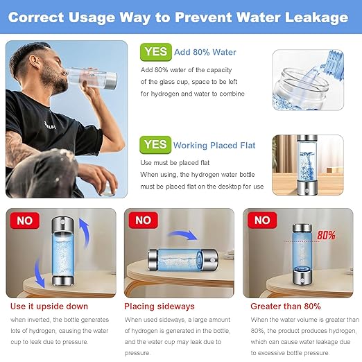 Hydrogen Water Generator Bottle, 14 Oz Portable Hydrogen Water Bottle with SPE and PEM Technology, Rechargeable Portable Glass Hydrogen Rich Water Generator Bottle Silver Color