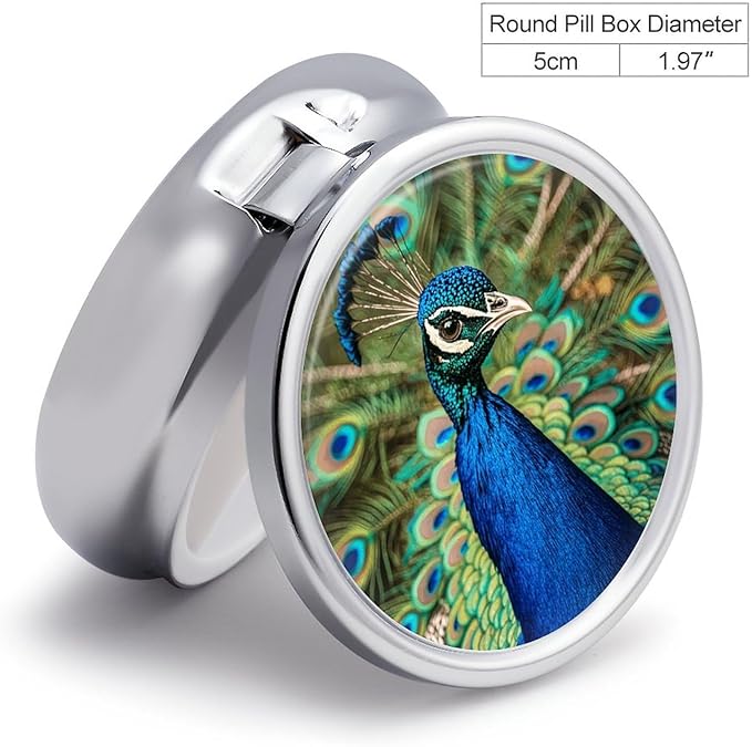 Beautiful Peacock Pill Organizer Cute Pill Box Decorative Metal Pill Case Portable Vitamin Organizer Travel Medicine Holder Mini Pill Storage Container for Purse