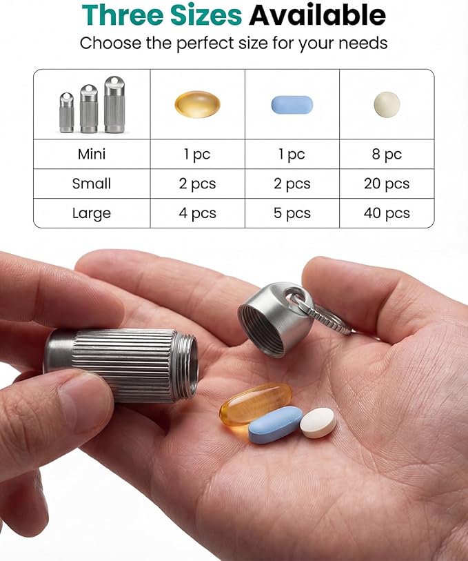 Titanium Pill Holder Keychain, Waterproof and Leak Proof Mini Case for Daily Vitamins or Emergency Medication, Small Durable Metal Pill Container Fits in Pocket, Purse, or for Travel - Large