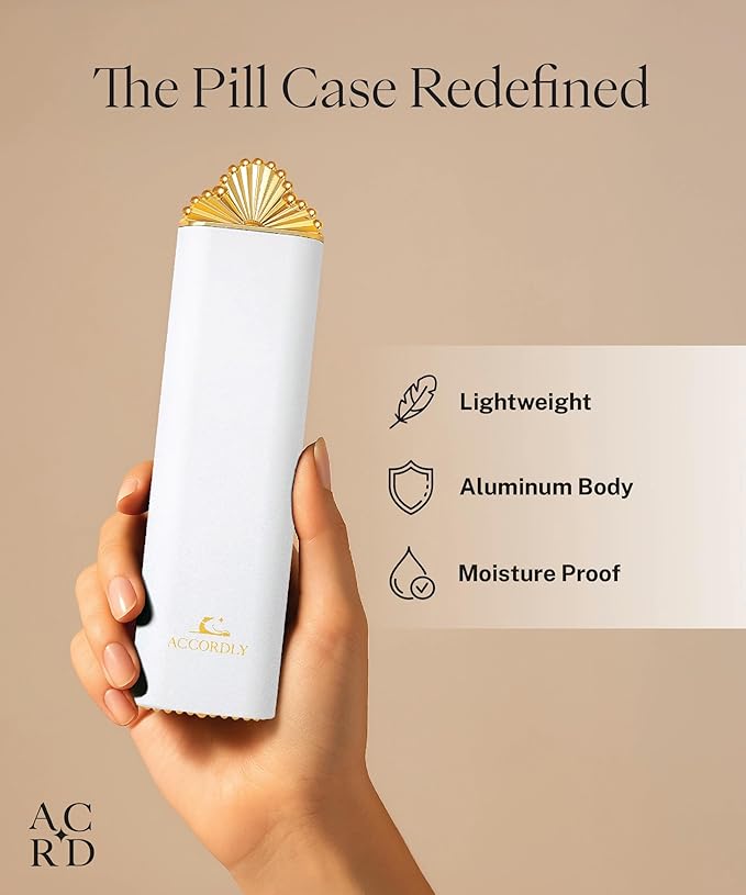 7 Day Metal Pill Organizer, Luxury Pill Compact, Travel Pill Case for Purse, Elegant Fancy Gold Pill Case for Vitamins, Medicine, Supplements, Luxury Wellness Gift - White