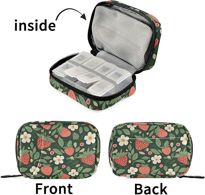 Fustylead Hand Draw Cute Strawberry and Floral Pill Organizer for Purse, Weekly Portable Pill Box with Zipper to Storage Vitamins Fish Oils Medications Supplements