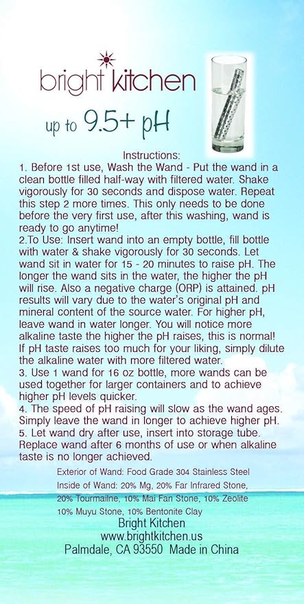 Alkaline Water Stick Wand Naturally Raise pH 9.5 Adds Tourmaline, Maifan, Muyu, Far Infrared Stone Reduces ORP Bright Kitchen Reusable Portable Make Your Own Mineral Water 100 gallons (Alkaline Wand)