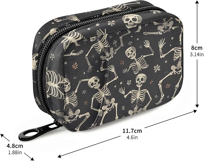 Weekly Pill Organizer Funny Skeletons Black Small Pill Box Bag Portable Travel Pill Case 7 Days Vitamin Supplement Holder with Zipper for Family Business Camping