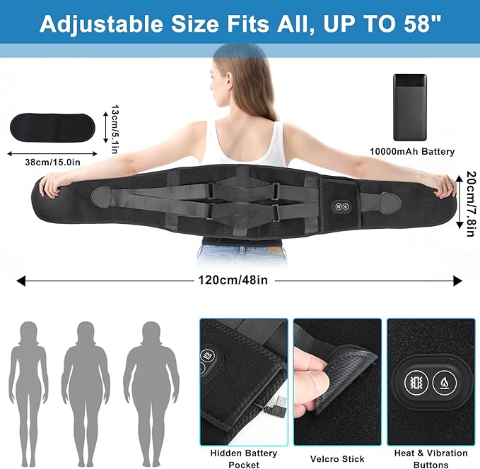 Heating Pad for Back - Lower Back Massager with 3 Heat 3 Vibration, 10000mAh Portable Heating Pad for Back, 30 mins Auto-Off, Black