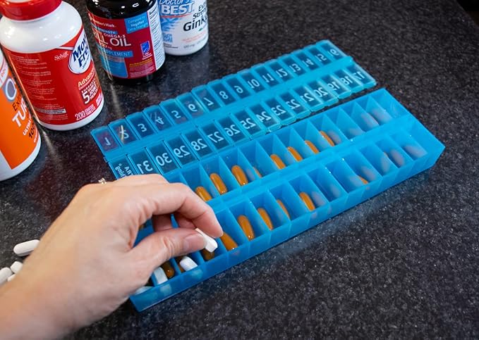 PILL THING AM PM 31 Day Once-a Day Monthly Pill Planner Organizers - Large Compartment Pill Boxes Store Medications for Entire Month Plus Compartment for Extra Pills (AM/PM) (Am/Pm Black & Blue)