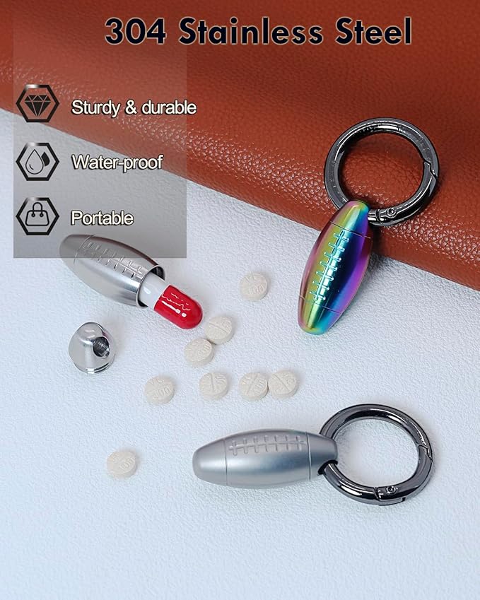 Tiny Keychain Pill Holder, Mini Pill Case Pendant, Small Metal Pill Box Micro Pill Container for Travel Purse Pocket (Multicolour, Small)