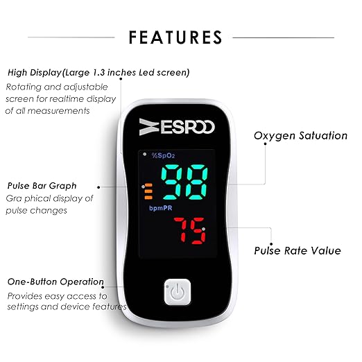 ESPOO Fingertip Pulse Oximeter, Blood Oxygen Saturation Monitor (SpO2) & Pulse Rate Monitor with LED Display, Portable Oxygen Monitor, Includes Batteries & Lanyard