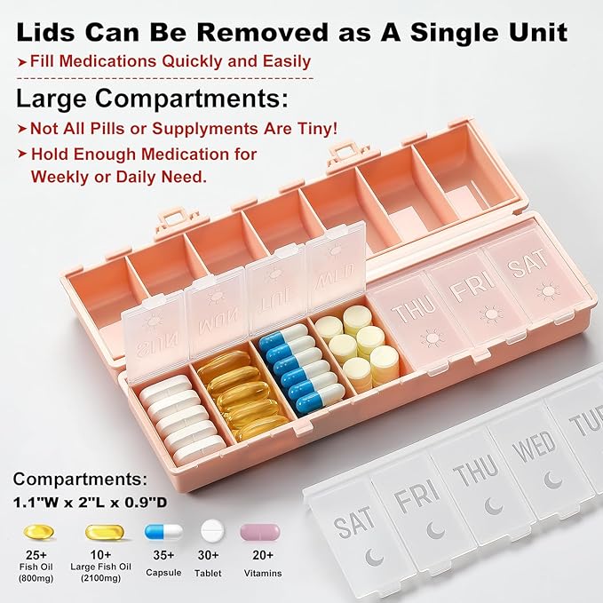 Foldable Pill Organizer 2 Times a Day w/Etched Labels -Dual Protection & Portable Weekly AM PM Pill Box, 7 Day Medicine Container, Large Travel Pill Case for Week Daily Supplement Vitamin - Pink