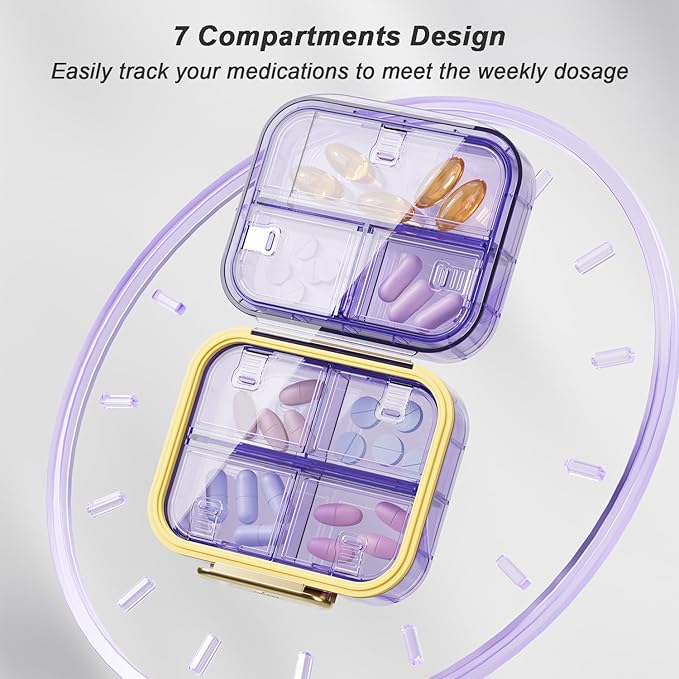Portable Travel Pill Organizer with 7 Compartments - Perfect Weekly Pill Case Waterproof Pill Box for Daily Vitamins and Medicine, Small Pill Container for Pocket Purse (Blue)