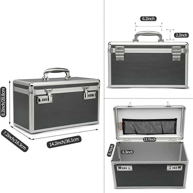 Lockable Medication Box with Portable Storage Case, 14.2 x 7.2 x 8.2 Inch, Childproof Medicine Lock Organizer, Locked Empty First Aid Storage Case (Gray/Large)
