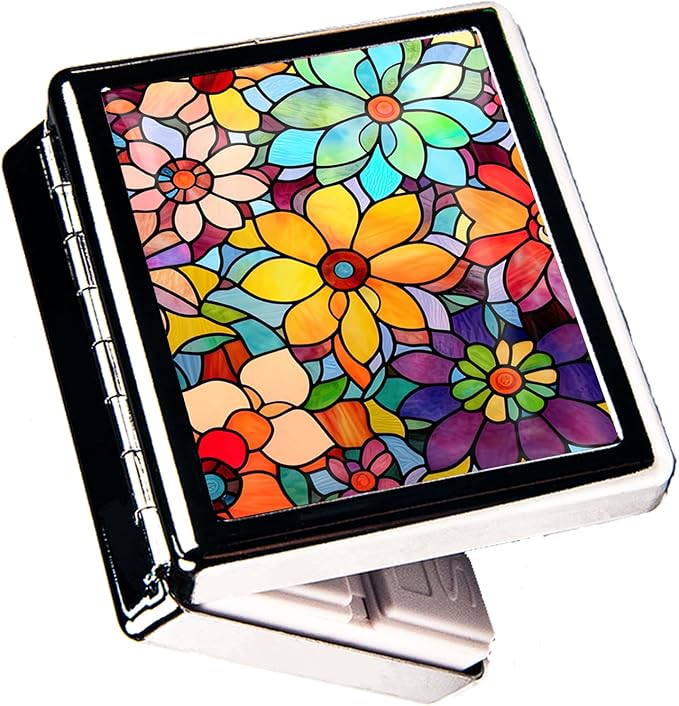 Travel Pill Organizer Small Pill Case for Purse Essentials 7 Days Cute Pill Box with Mirror Portable Pill Box for Pocket or Purse Pill Containe Travel Gifts (Stained Glass Flowers)