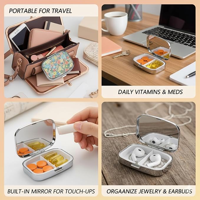 Square Pill Case Small Pill Box with Mirror Pocket 2 Compartment Vitamin Pill Medicine Case Organizer Pill Containers for Traveling Blooming Flower One