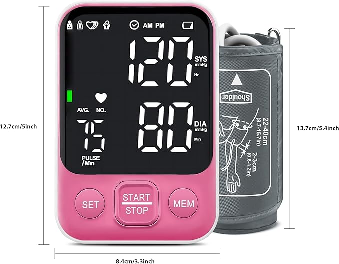 Blood Pressure Monitor Upper Arm Monitors for Home Use BP Machine with 2x120 Reading Memory Adjustable Arm Cuff 8.7"-15.7" Large Display with LED Background Light Storage Bag Pink