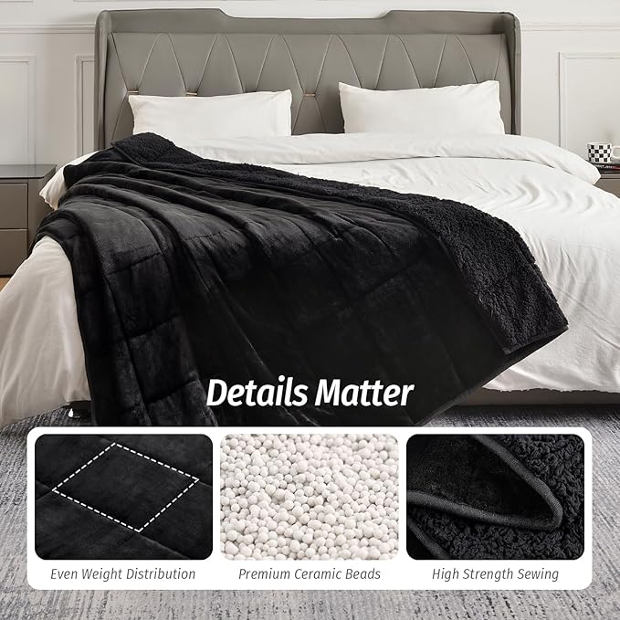 Wemore Sherpa Fleece Weighted Blanket for Adult, 15 lbs Dual Sided Cozy Fluffy Heavy Blanket, Ultra Fuzzy Throw Blanket with Soft Plush Flannel Top, 80 x 87 inches, Black on Both Sides