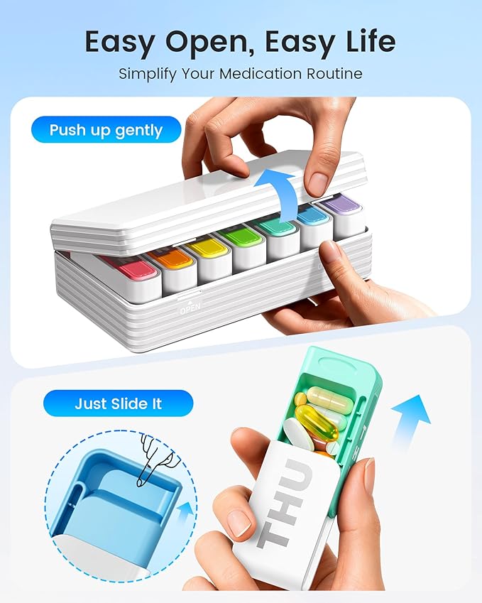 Daviky Weekly Pill Organizer 1 Time a Day, Travel Drawer-Style Pill Box for Daily Medication, 7-Day Pill Case, Compact & Portable, Ideal for Vitamins, Fish Oils & Supplements(White)