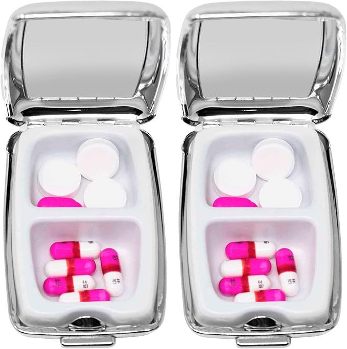 Set of 2 Dual-Compartment Rectangular Pocket Purse Pill Box & Organizer with Insert (Retro Squares)