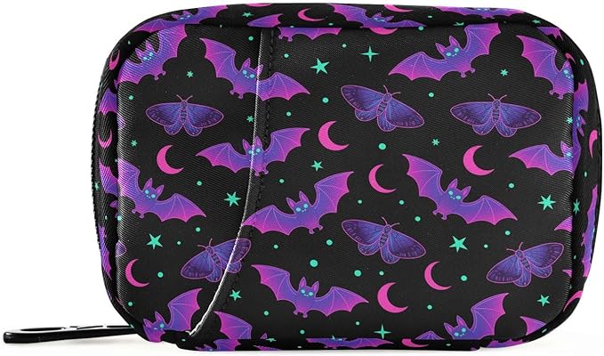 Travel Pill Organizer Bag Weekly Pill Organizer Case Goth Purple Bat Gothic Portable Small Daily Pill Boxes for Vitamin Fish Oils Supplement Holder with Zipper Compact Size