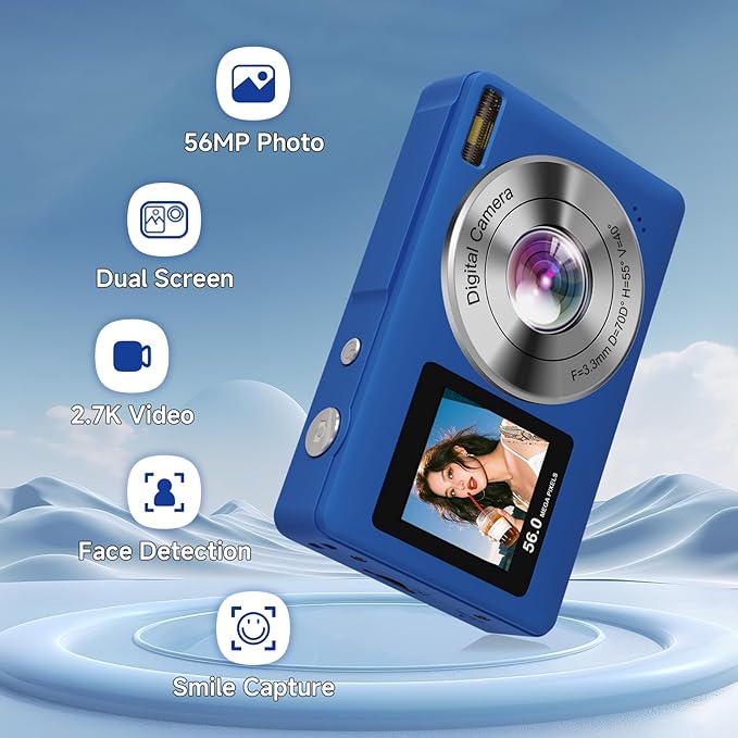 Digital Camera, 56MP 2.7K Dual-Screen Selfie Camera with 16X Zoom, 20 Filters & Anti-Shake, Portable Point and Shoot Digital Cameras with 32GB Card, Compact Travel Cameras for Beginners Teens Kids