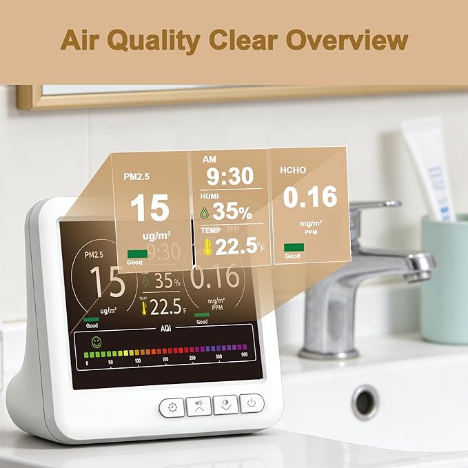 Professional Indoor Air Quality Monitor with 7X AQI Alarms,16 in 1 Portable Real-Time Detector for PM2.5 | PM10 | CO2 | TVOC | HCHO | Temp | Hum for Home Cars Plants Pets