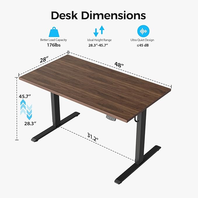 Agilestic Electric Standing Desk, 48 x 28 Inches Height Adjustable Desk, Sit Stand up for Work Office Home, Ergonomic Rising Computer Table with Memory Preset, Dark Walnut
