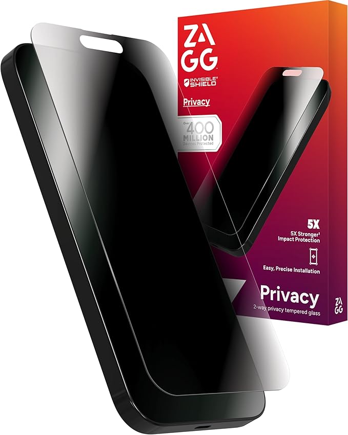 ZAGG Glass Elite Privacy Screen Protector for iPhone 16/15-2-Way Privacy Filter, Ultra-Strong Tempered Glass, 5X Stronger, InvisibleShield, Smudge-Free, Easy Install, Recycled Content