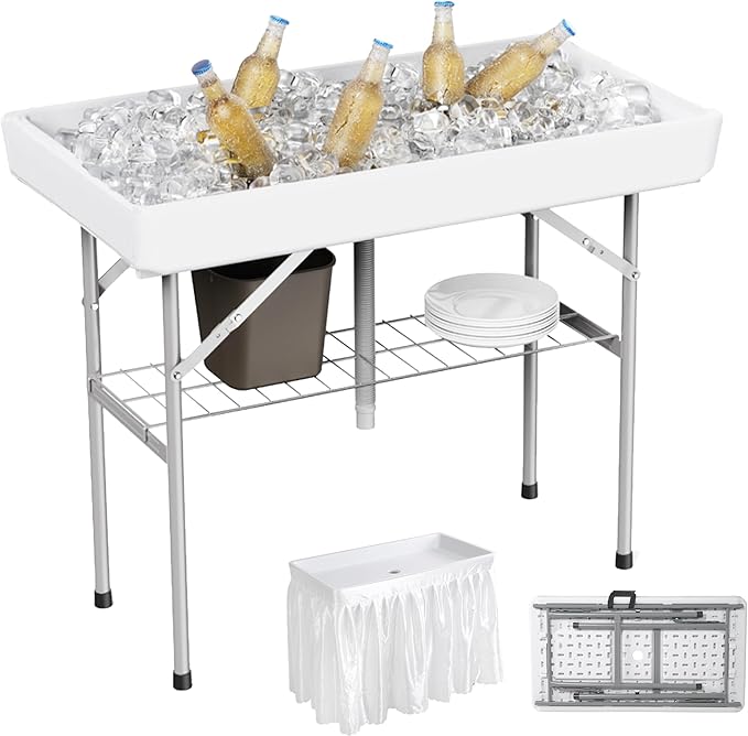 Allpop 4 Foot Folding Ice Cooler Table with Matching Skirt, Portable Patio Table with Grid Rack & Drain Hose for Party Bar Picnic BBQ Camping Wedding, White