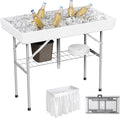Allpop 4 Foot Folding Ice Cooler Table with Matching Skirt, Portable Patio Table with Grid Rack & Drain Hose for Party Bar Picnic BBQ Camping Wedding, White