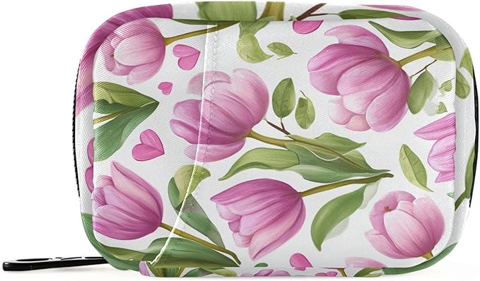 Romantic Pink Tulips and Hearts Travel Pill Organizer Case Box Container Weekly Portable Vitamin Medicine Holder Storage Bag with Zipper Removable