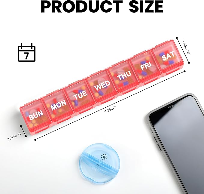 Sukuos Extra Large Weekly Pill Organizer 2 Pcs, Daily Pill Box 7 Day Medicine Cases for Vitamin, Fish Oils or Supplements, Easy to Clean (Black&Pink)